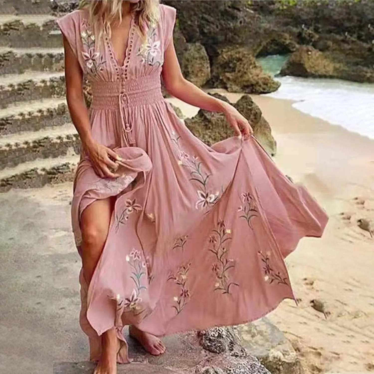 Summer Dresses for Women 2025 Boho Dress Cap Sleeve V Neck The Waist Maxi Dress Floral Elegant Wrap Sundress 2025