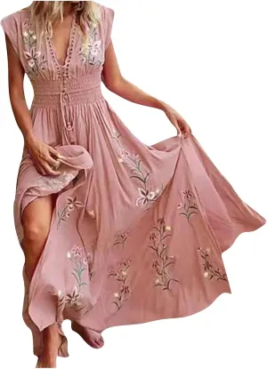 Summer Dresses for Women 2025 Boho Dress Cap Sleeve V Neck The Waist Maxi Dress Floral Elegant Wrap Sundress 2025
