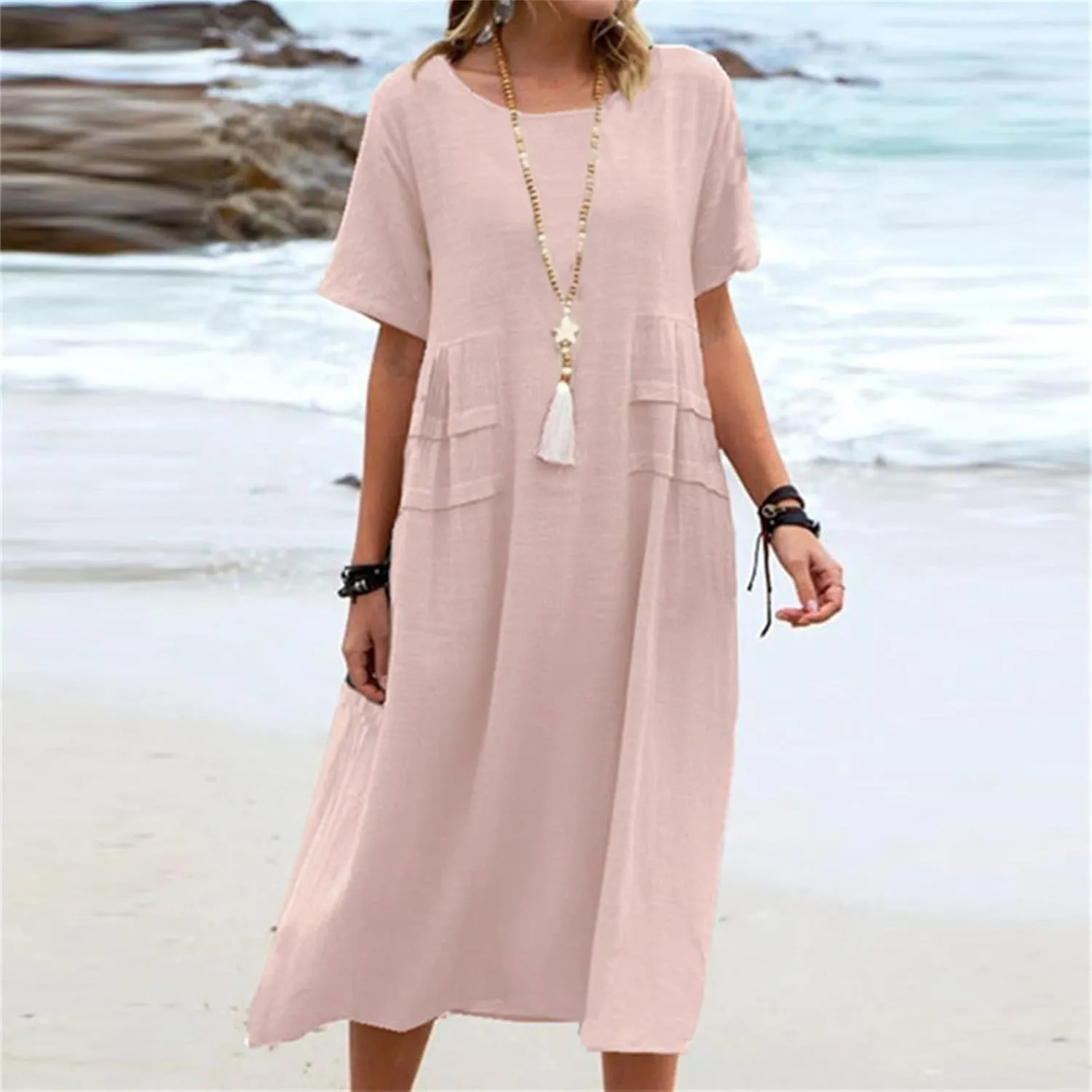 Summer Dresses for Women 2025 Cotton Linen Casual Midi Dress Short Sleeve Plus Size Beach Dress Flowy Travel Dresses