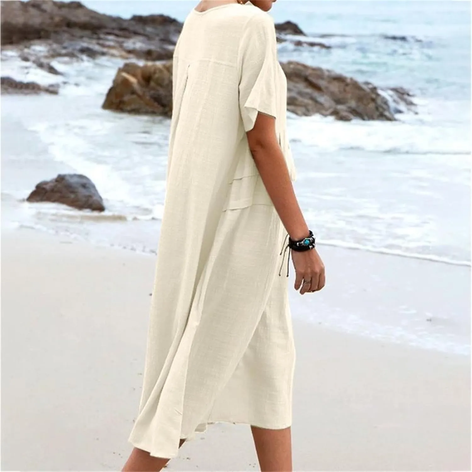 Summer Dresses for Women 2025 Cotton Linen Casual Midi Dress Short Sleeve Plus Size Beach Dress Flowy Travel Dresses