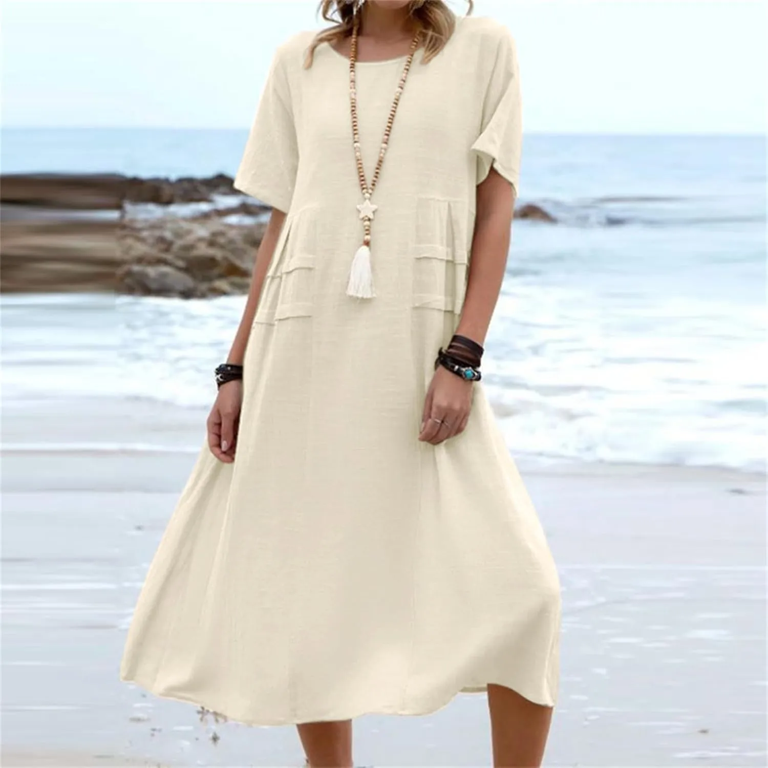 Summer Dresses for Women 2025 Cotton Linen Casual Midi Dress Short Sleeve Plus Size Beach Dress Flowy Travel Dresses