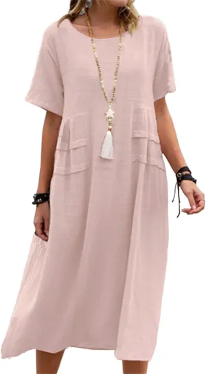 Summer Dresses for Women 2025 Cotton Linen Casual Midi Dress Short Sleeve Plus Size Beach Dress Flowy Travel Dresses