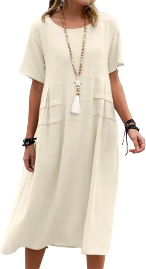 Summer Dresses for Women 2025 Cotton Linen Casual Midi Dress Short Sleeve Plus Size Beach Dress Flowy Travel Dresses