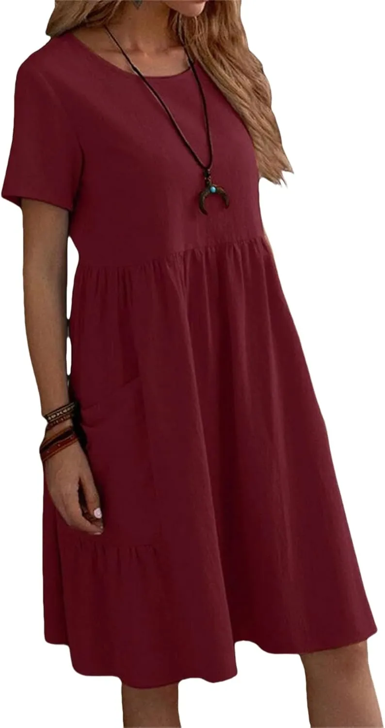 Summer Dresses for Women 2025 Cotton Linen Short Sleeve Crewneck Tops Dress Casual Loose Fit Vintage Dresses