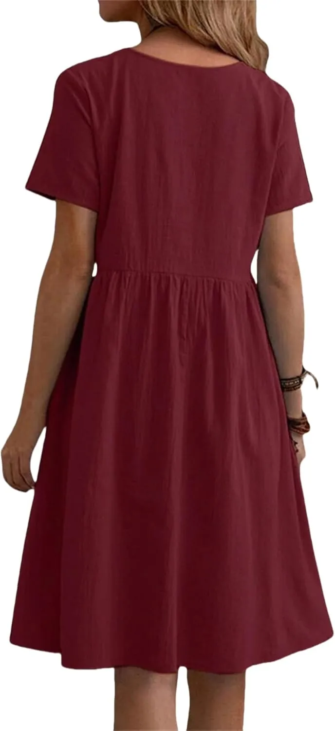 Summer Dresses for Women 2025 Cotton Linen Short Sleeve Crewneck Tops Dress Casual Loose Fit Vintage Dresses