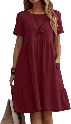 Summer Dresses for Women 2025 Cotton Linen Short Sleeve Crewneck Tops Dress Casual Loose Fit Vintage Dresses