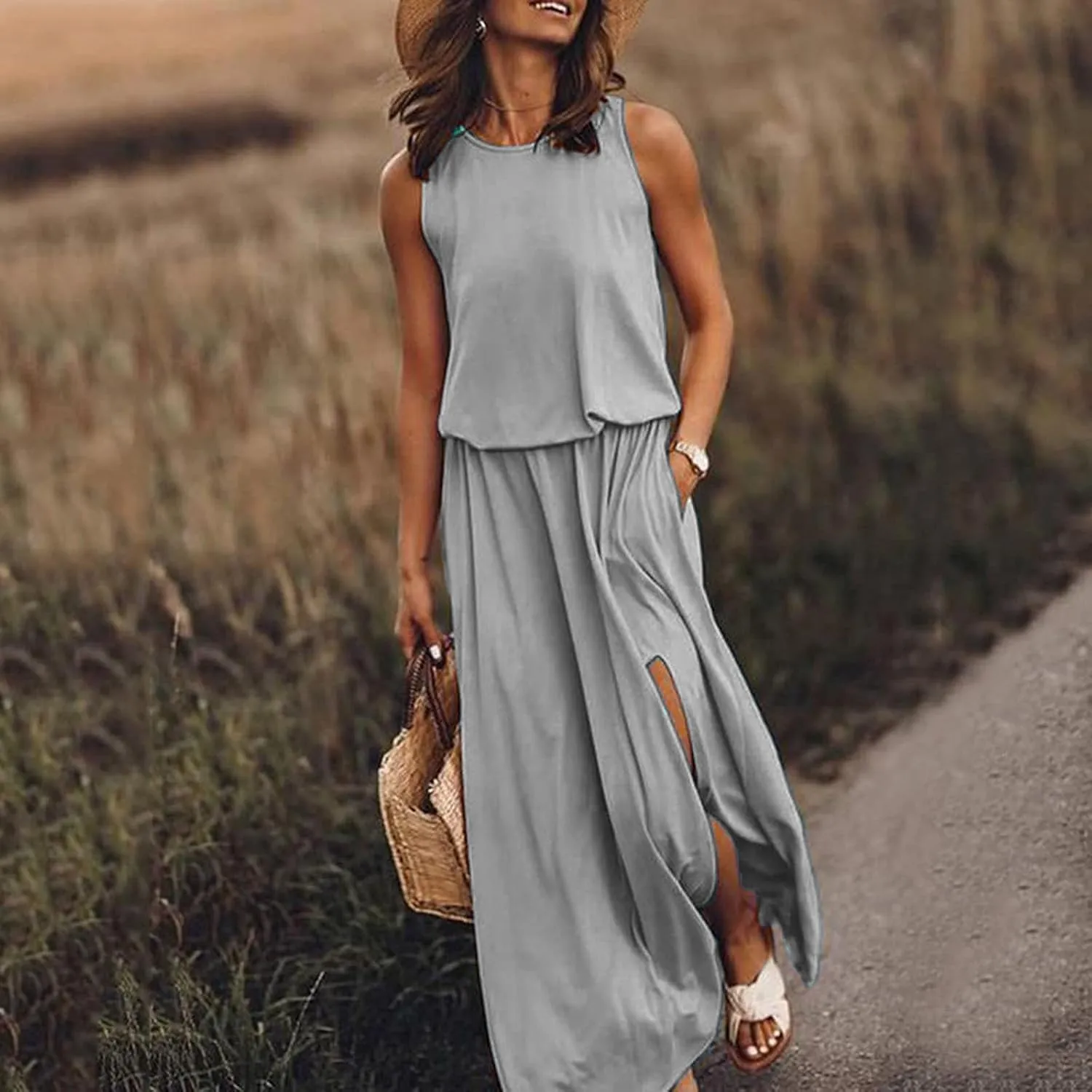Summer Dresses for Women 2025 Sleeveless Crewneck Maxi Dress Ruffle Casual Dresses Beach Vacation Party Sundress