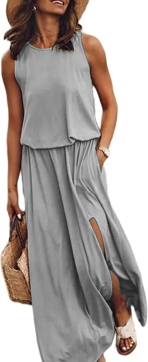 Summer Dresses for Women 2025 Sleeveless Crewneck Maxi Dress Ruffle Casual Dresses Beach Vacation Party Sundress
