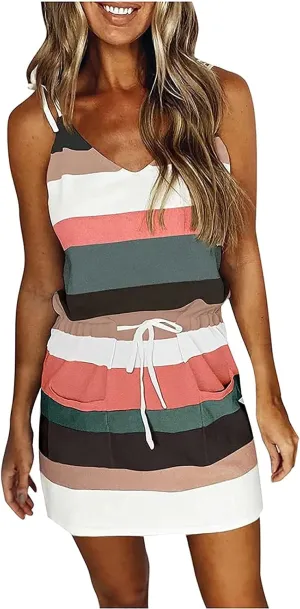 Summer Dresses for Women 2025 Sleeveless Spaghetti Strap V Neck Drawstring Waist Mini Dress Sundress with Pocket
