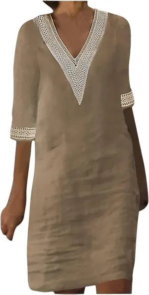 Summer Dresses for Women Cotton Linen V Neck Short Sleeve Casual Embroidered Dress Beach Vacation T Shirt Shift Dress
