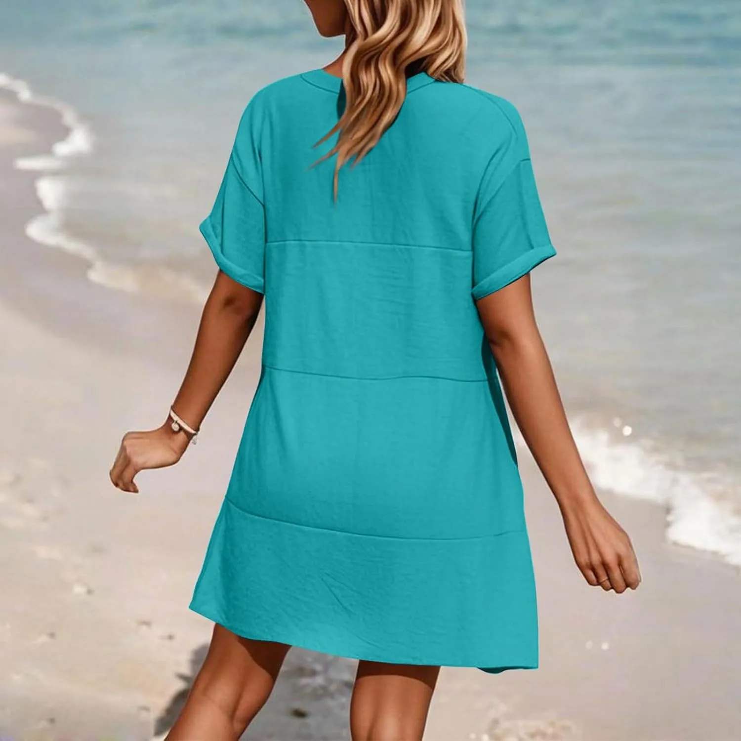 Summer Dresses for Women Short Sleeve Sundresses Vacation V Neck Knee Length Beach Casual Resort Dress