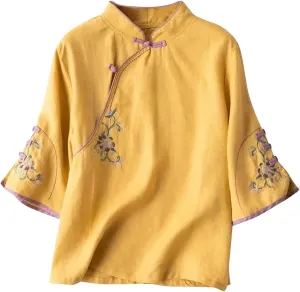 Summer Linen Tops for Women 3/4 Sleeve V Neck T Shirts Floral Embroidered Caqsual Blouse Loose Fit Vintage Tees