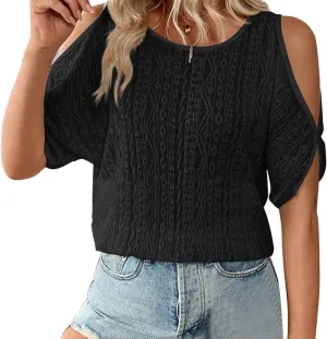 Summer Shirts for Women Off Shoulder Hollow Bat Sleeve Casual T Shirts Lightweight Breathable Street Tunic Tops 2025