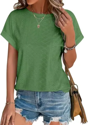 Summer Tops for Women Eyelet Embroidery Loose Fit T-Shirt Short Sleeve Crewneck Shirts Curved Hem Beach Clothes