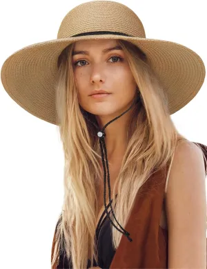 Sun Hats for Women, Oversize Wide Brim Straw Hat for Summer Travel Beach Foldable UV Protection with Wind Lanyard UPF 50 