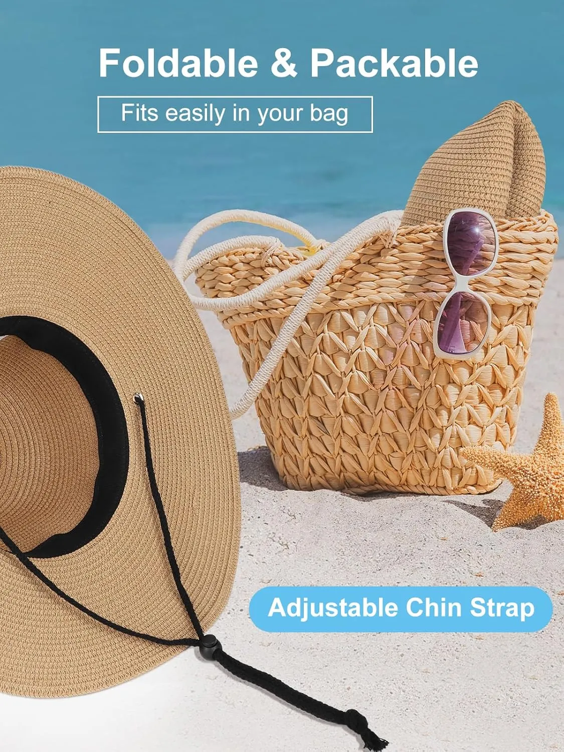 Sun Hats for Women, Oversize Wide Brim Straw Hat for Summer Travel Beach Foldable UV Protection with Wind Lanyard UPF 50 
