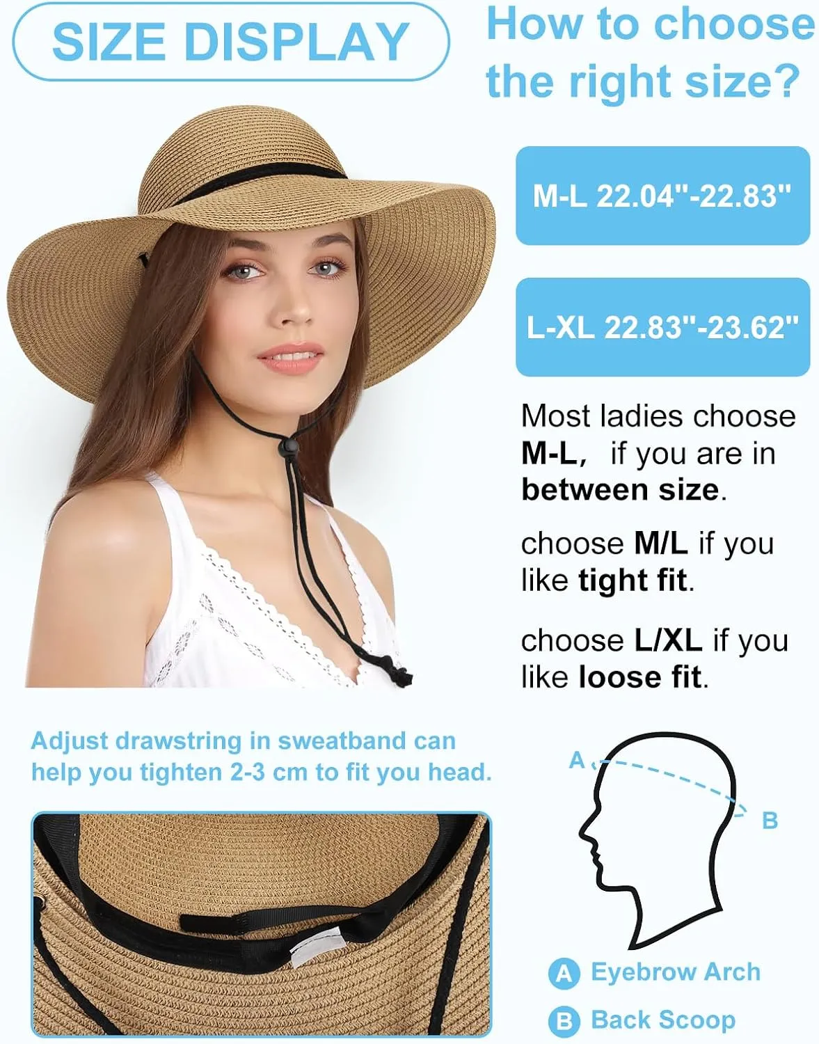 Sun Hats for Women, Oversize Wide Brim Straw Hat for Summer Travel Beach Foldable UV Protection with Wind Lanyard UPF 50 