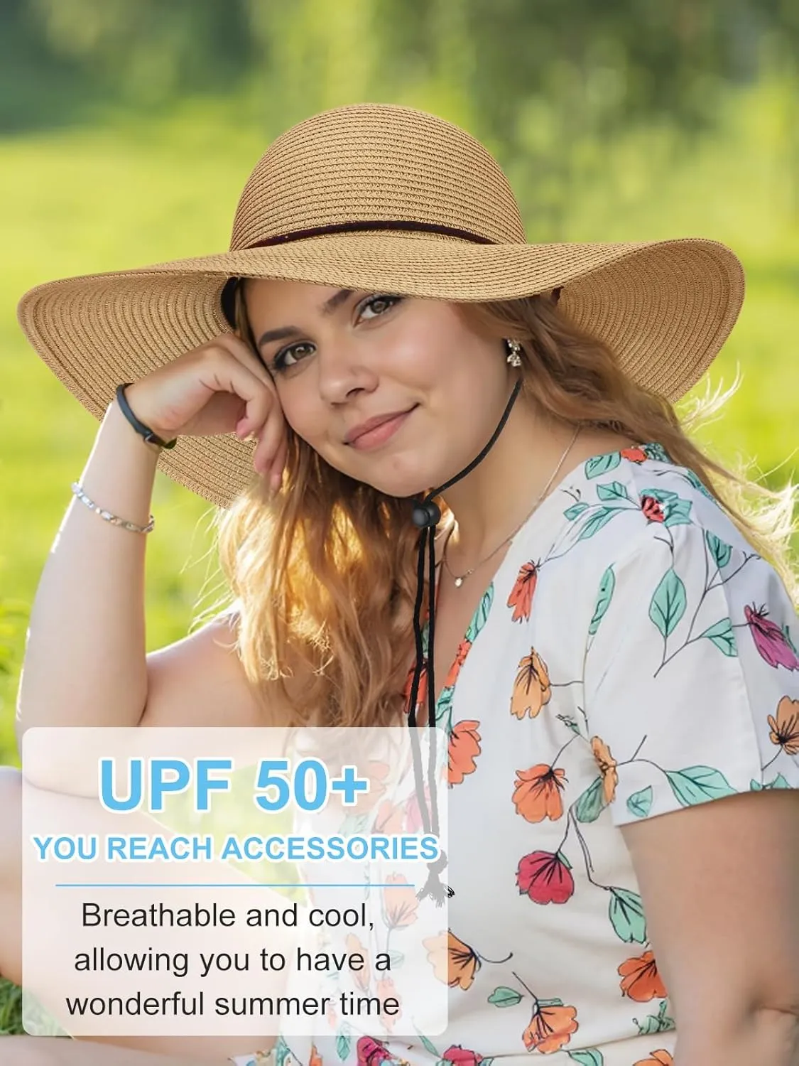 Sun Hats for Women, Oversize Wide Brim Straw Hat for Summer Travel Beach Foldable UV Protection with Wind Lanyard UPF 50 