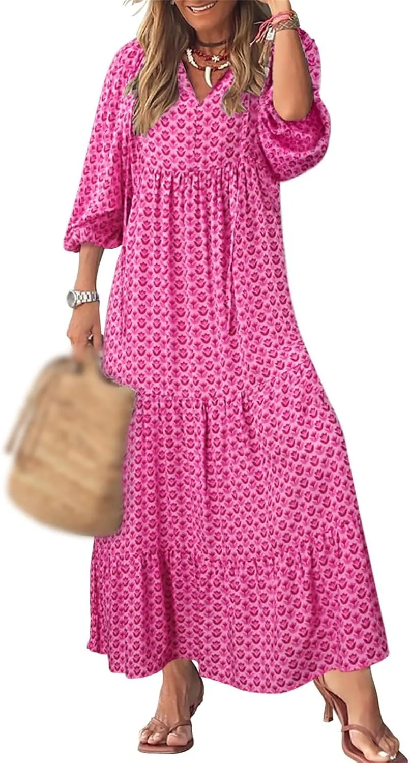 Sundresses for Women Boho Puff Sleeve V Neck Maxi Dress Loose Fit Casual Dresses Plus Size Fashion Trendy Dress 2025