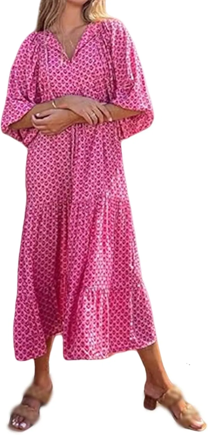Sundresses for Women Boho Puff Sleeve V Neck Maxi Dress Loose Fit Casual Dresses Plus Size Fashion Trendy Dress 2025