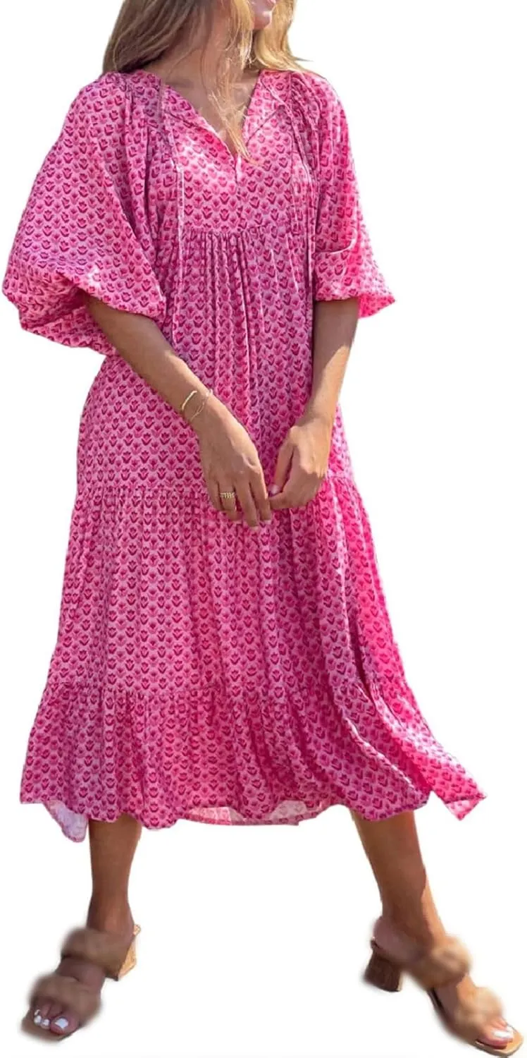 Sundresses for Women Boho Puff Sleeve V Neck Maxi Dress Loose Fit Casual Dresses Plus Size Fashion Trendy Dress 2025