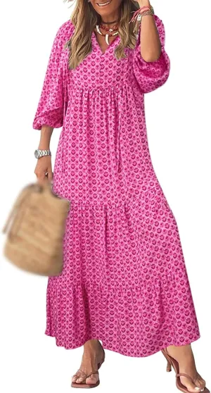 Sundresses for Women Boho Puff Sleeve V Neck Maxi Dress Loose Fit Casual Dresses Plus Size Fashion Trendy Dress 2025