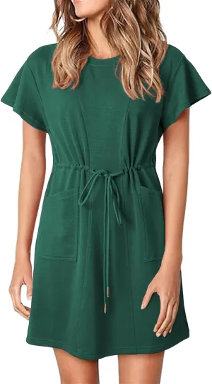 Sundresses for Women Crewneck Short Sleeve Mini Dresses Drawstring Waist Tunic Dress Casual Loose Fit Dress 2025