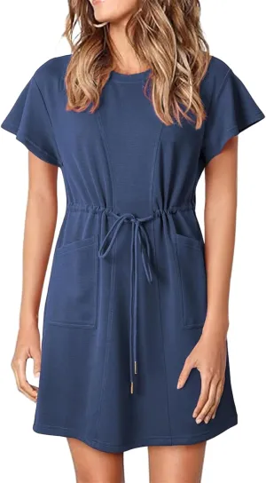 Sundresses for Women Crewneck Short Sleeve Mini Dresses Drawstring Waist Tunic Dress Casual Loose Fit Dress 2025