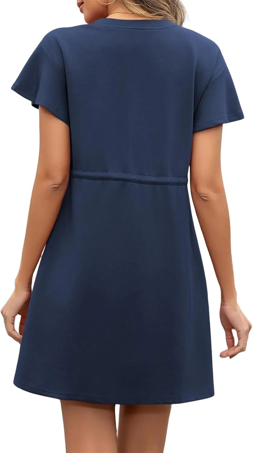 Sundresses for Women Crewneck Short Sleeve Mini Dresses Drawstring Waist Tunic Dress Casual Loose Fit Dress 2025