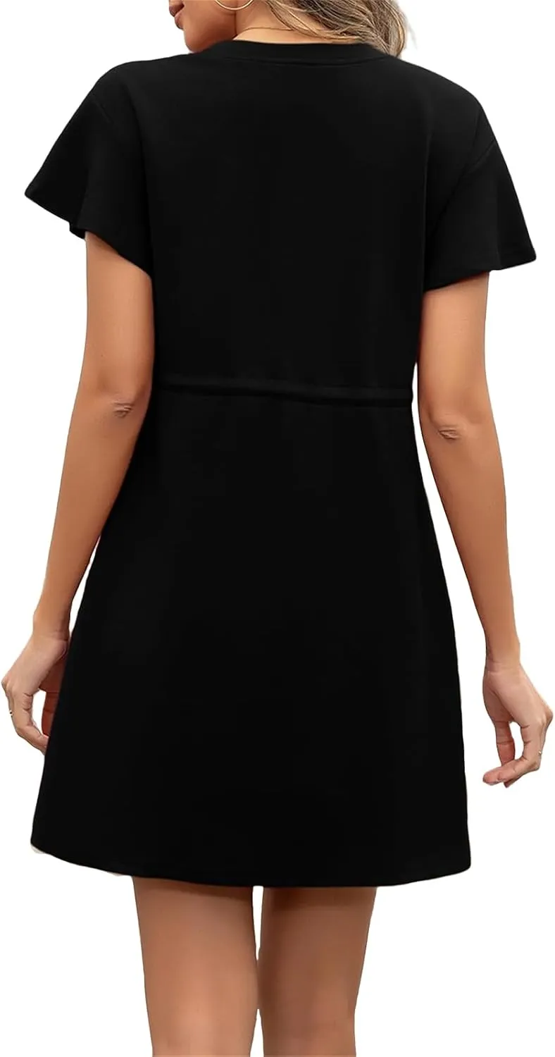 Sundresses for Women Crewneck Short Sleeve Mini Dresses Drawstring Waist Tunic Dress Casual Loose Fit Dress 2025