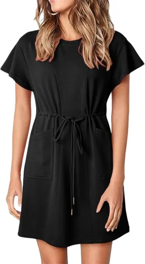 Sundresses for Women Crewneck Short Sleeve Mini Dresses Drawstring Waist Tunic Dress Casual Loose Fit Dress 2025