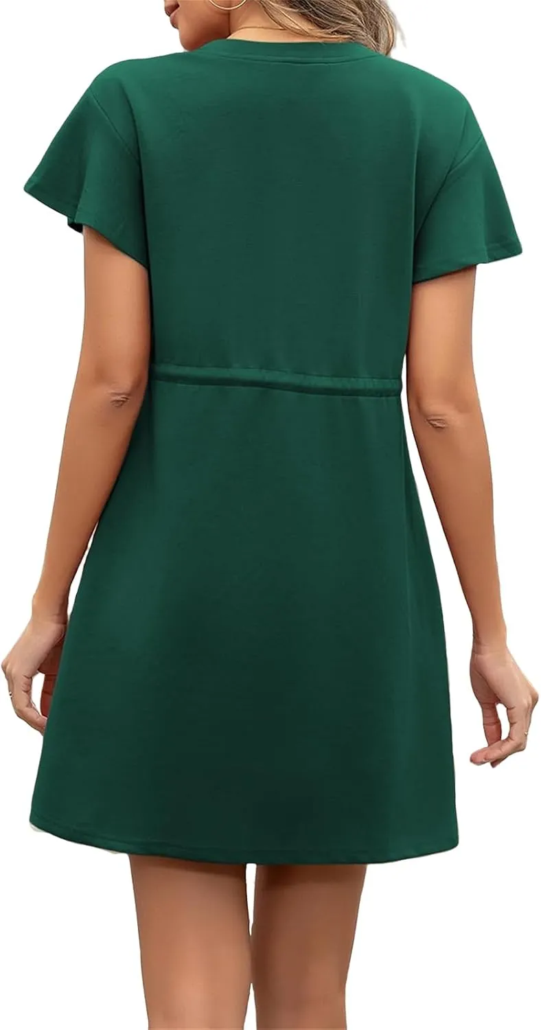 Sundresses for Women Crewneck Short Sleeve Mini Dresses Drawstring Waist Tunic Dress Casual Loose Fit Dress 2025