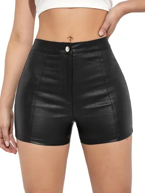 SweatyRocks Women's Faux Leather High Waist Straight Leg Skinny Shorts Stretchy Denim Shorts
