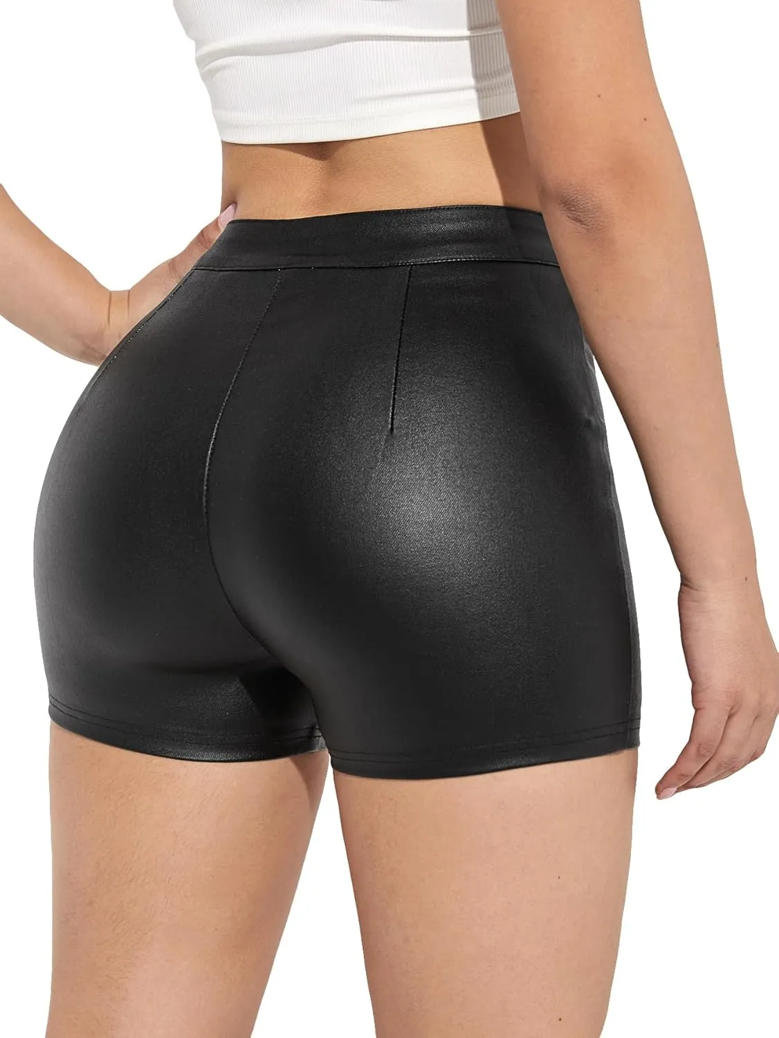 SweatyRocks Women's Faux Leather High Waist Straight Leg Skinny Shorts Stretchy Denim Shorts