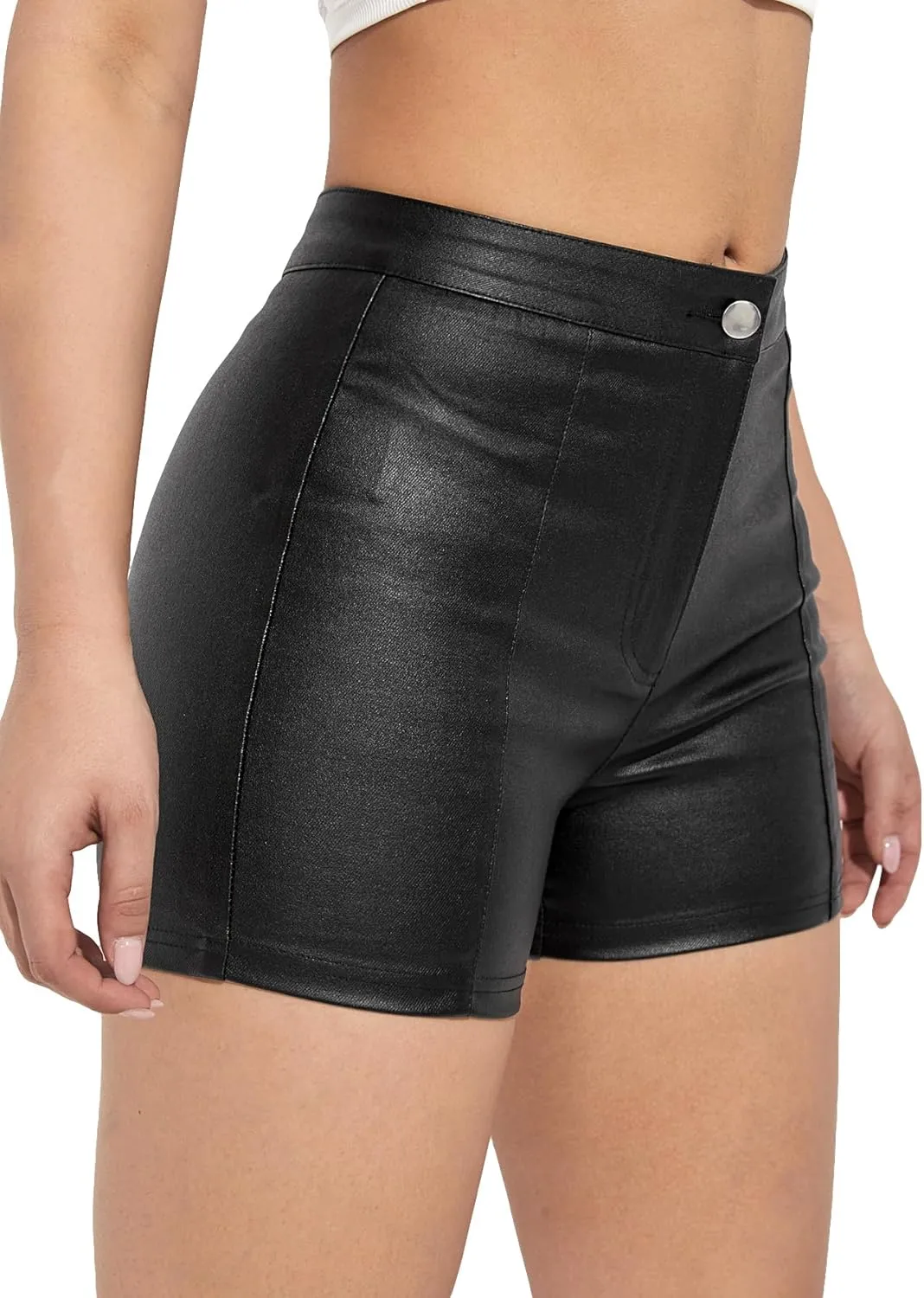 SweatyRocks Women's Faux Leather High Waist Straight Leg Skinny Shorts Stretchy Denim Shorts
