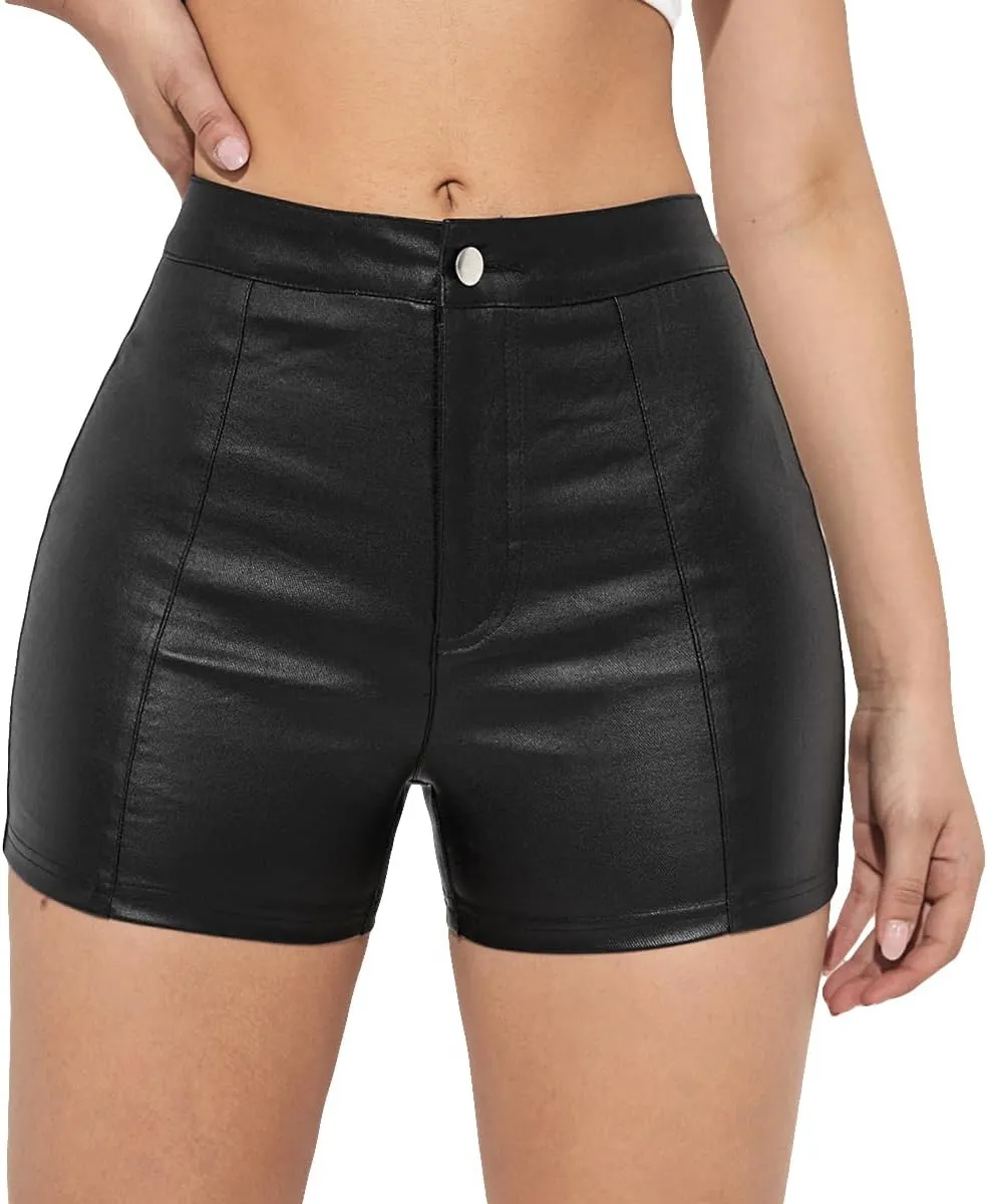 SweatyRocks Women's Faux Leather High Waist Straight Leg Skinny Shorts Stretchy Denim Shorts