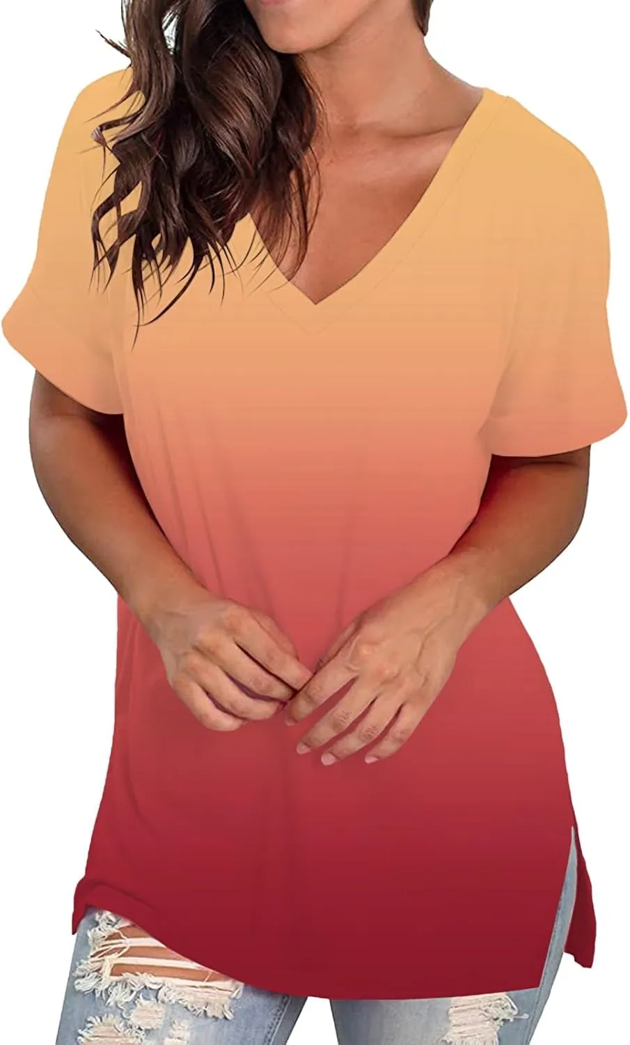 T Shirts for Women Tie Dyed Gradient Vneck Short Sleeve Shirts Oversized Casual Summer Lightweight Breathable Outfits