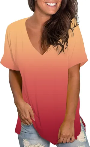 T Shirts for Women Tie Dyed Gradient Vneck Short Sleeve Shirts Oversized Casual Summer Lightweight Breathable Outfits