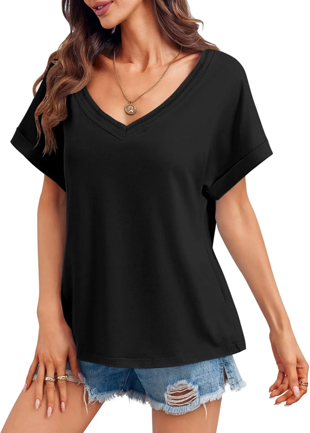 Tankaneo Womens Deep V Neck T-Shirts Oversized Casual Summer Loose Fit Short Sleeve Tops