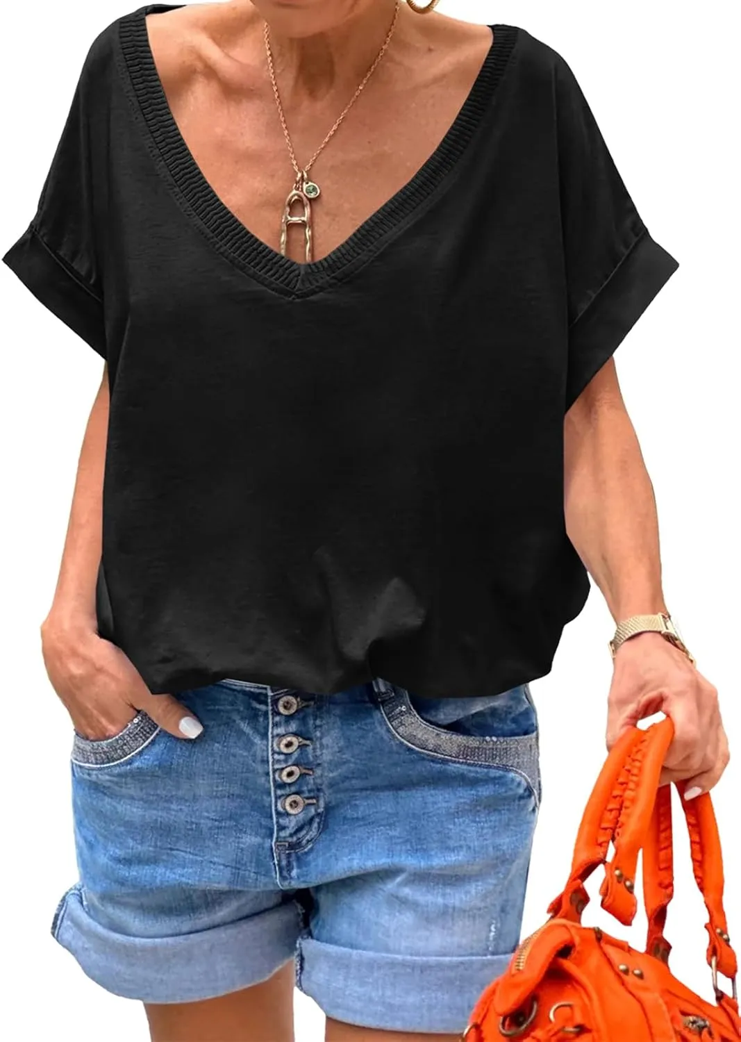 Tankaneo Womens Deep V Neck T-Shirts Oversized Casual Summer Loose Fit Short Sleeve Tops