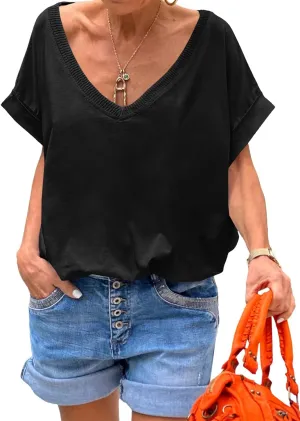 Tankaneo Womens Deep V Neck T-Shirts Oversized Casual Summer Loose Fit Short Sleeve Tops