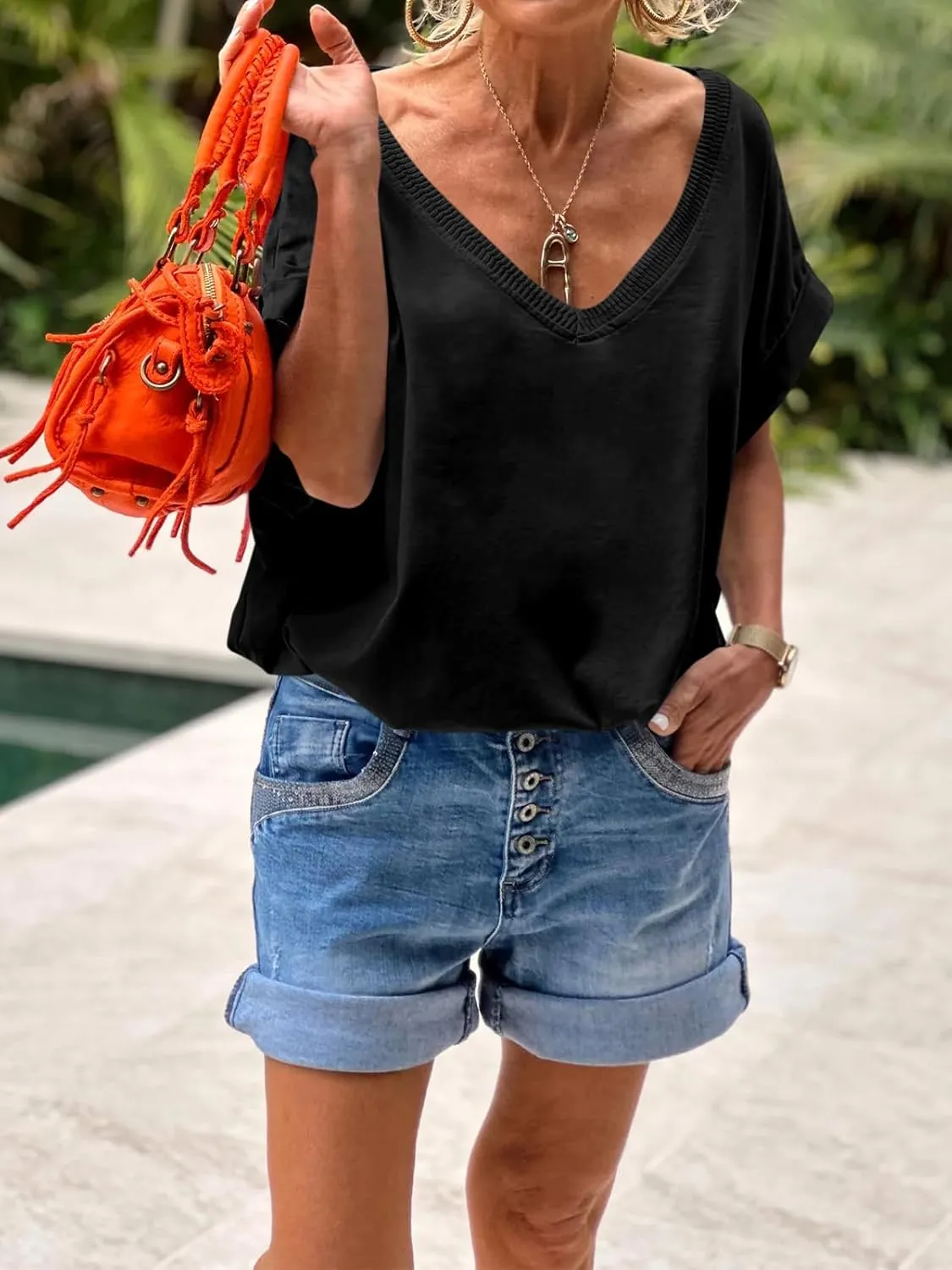 Tankaneo Womens Deep V Neck T-Shirts Oversized Casual Summer Loose Fit Short Sleeve Tops