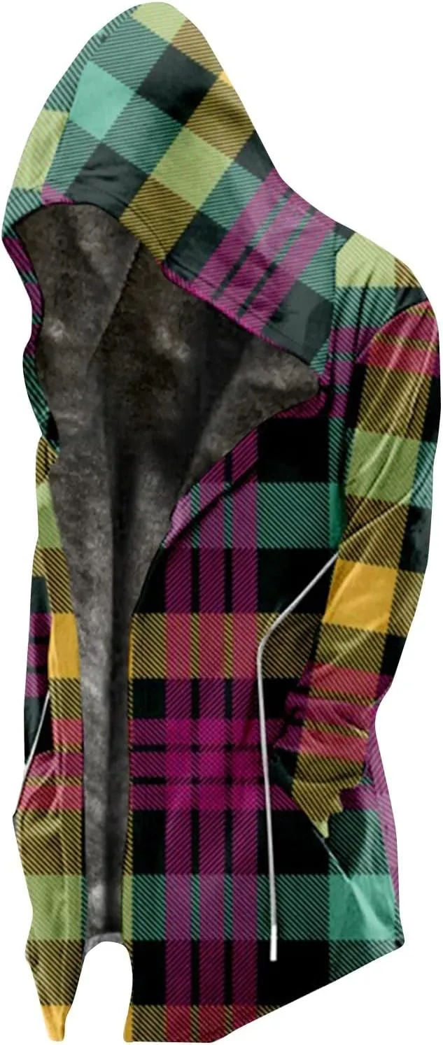 Thickened Zipper Winter Jackets With Hood Plaid Print Long Sleeve Plus Size Heavyweight Warm Fleece Jacket, M-6XL