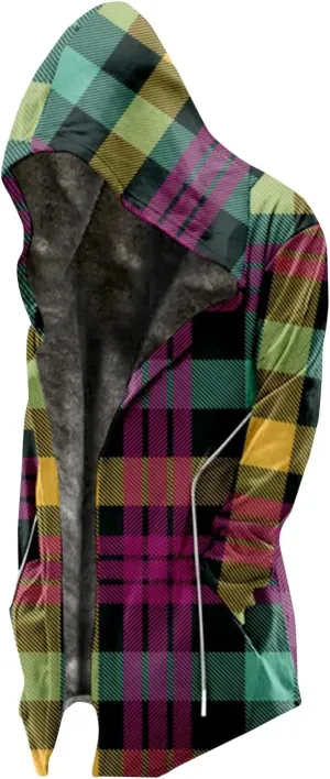 Thickened Zipper Winter Jackets With Hood Plaid Print Long Sleeve Plus Size Heavyweight Warm Fleece Jacket, M-6XL
