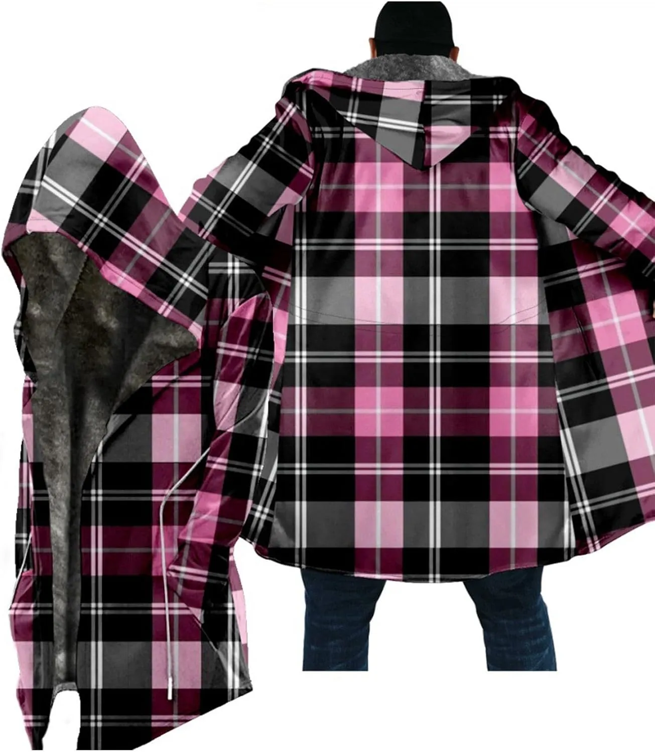 Thickened Zipper Winter Jackets With Hood Plaid Print Long Sleeve Plus Size Heavyweight Warm Fleece Jacket, M-6XL