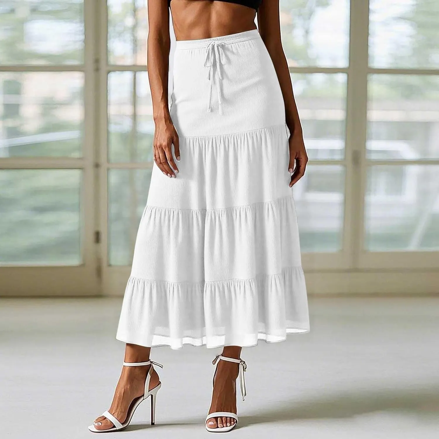 Tiered Maxi Skirts for Women Cotton Drawstring Summer 2025 Floral Long Flowy Skirt Elastic Waist Boho Beach Skorts Dress