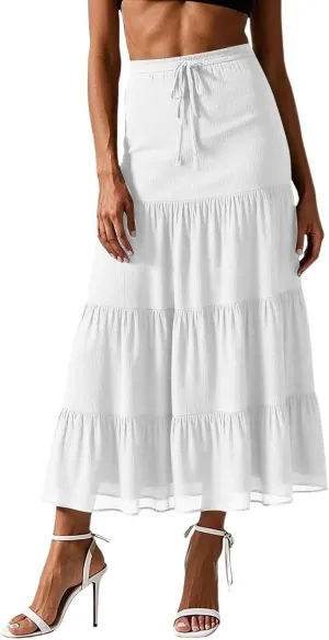 Tiered Maxi Skirts for Women Cotton Drawstring Summer 2025 Floral Long Flowy Skirt Elastic Waist Boho Beach Skorts Dress