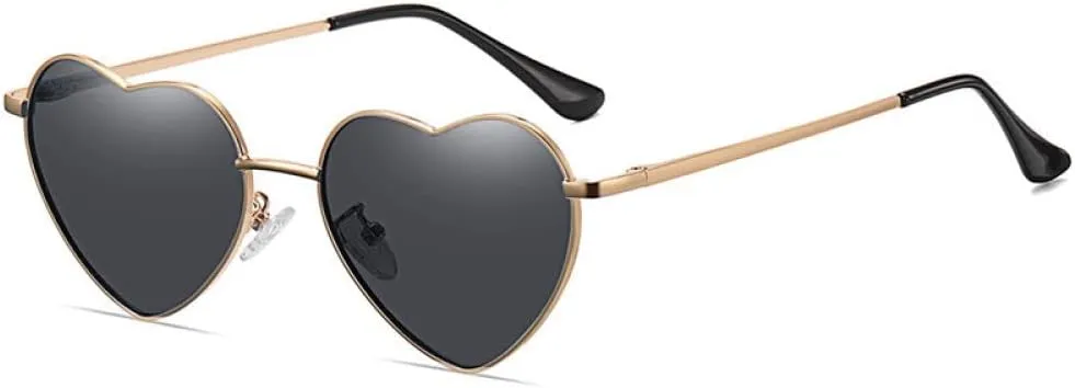 Trendy sunglasses Love Heart Shaped Polarized Sunglasses Women Men Sweet Design Eyewear Party Sun Glasses Outdoor Goggle UV400 Oculos De Sol,Black,Gold,Metal Frame
