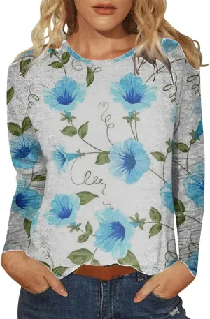 Trendy Tops for Women Fall 2024 Long Sleeve Crew-Neck T Shirts Flower Printing Loose Casual Blouses Loose Sweatshirt