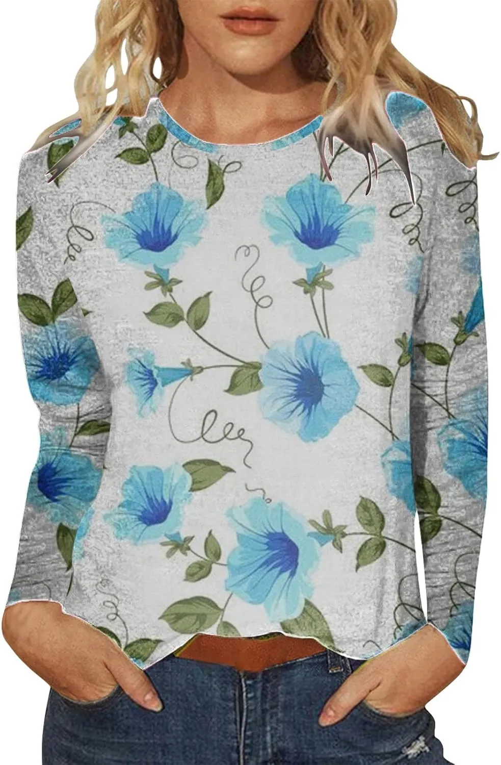 Trendy Tops for Women Fall 2024 Long Sleeve Crew-Neck T Shirts Flower Printing Loose Casual Blouses Loose Sweatshirt